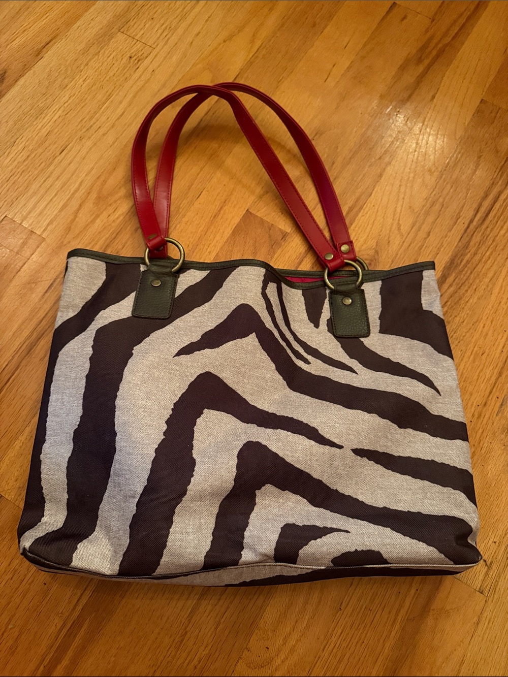 Zebra-Print Canvas Tote with Red Handles